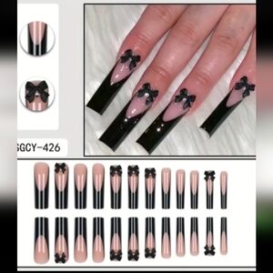 Black Bow Coffin Press-On Nails with Nude Accent